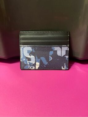 Leather Card Holder with Blue Camouflage Print - Men's Accessory